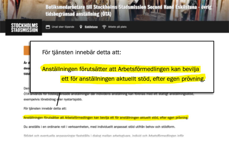 Otillåten platsannons i Stadsmissionen – Bidrag krävs för anställning